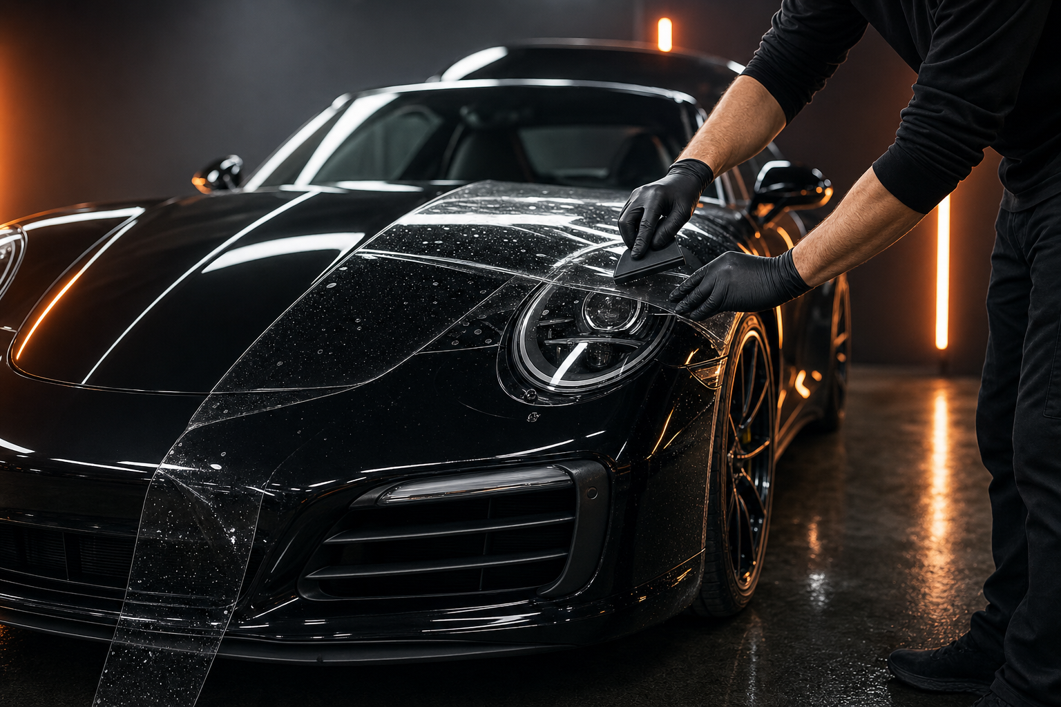 Paint protection film install on black Porsche